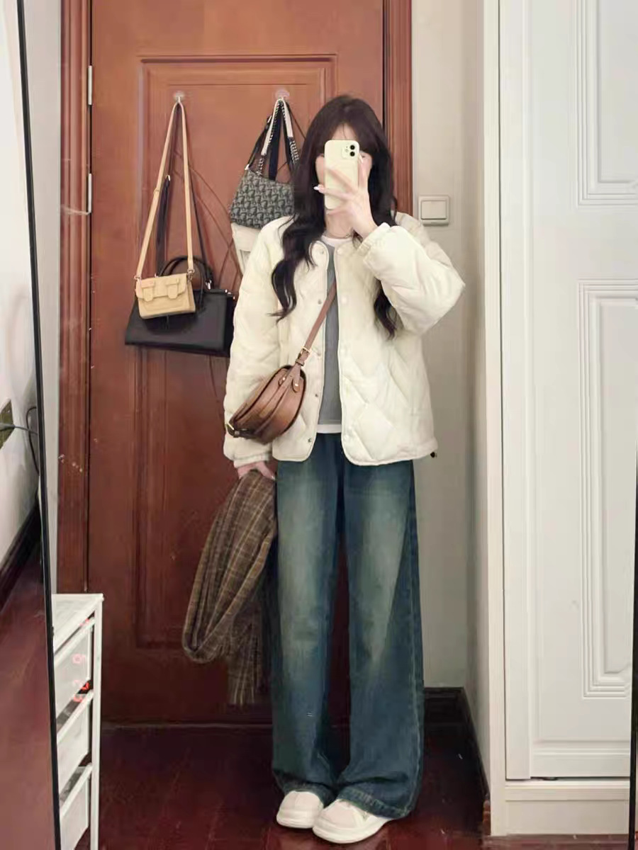 2025秋冬短款菱格圆无领轻薄羽绒服女士内胆白色鸭绒时尚休闲外套详情15
