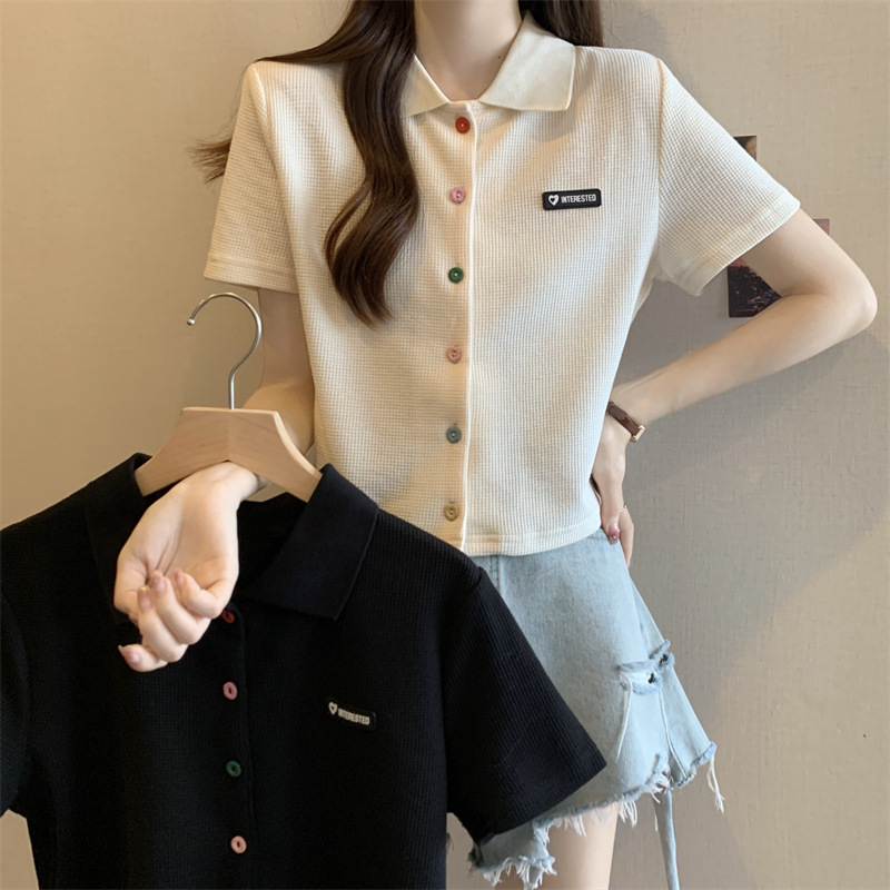 夏季大码胖mm学院风减龄彩色扣polo领正肩黑色短袖T恤女小衫上衣详情15