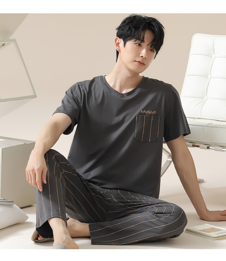 Summer pure cotton pajamas for men, cartoon casual short-sleeved shirts and long pants, pure cotton comfortable home wear, summer youth student set pic 51
