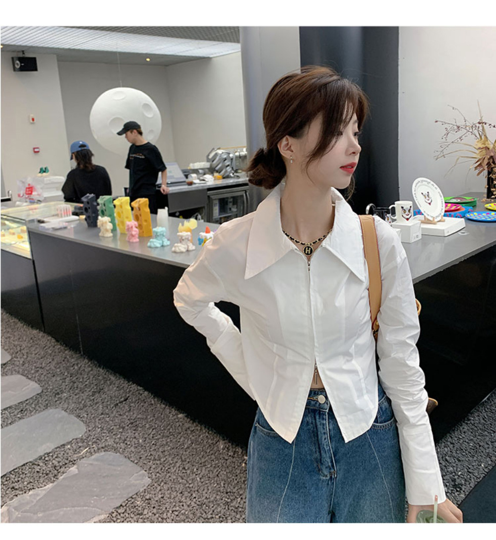 法式气质拉链白色衬衫女春季设计感短款别致上衣内搭打底长袖衬衣详情8