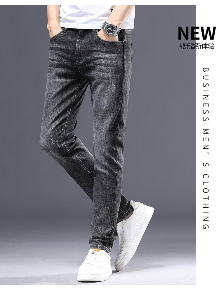春夏款蓝色薄款直筒牛仔裤男士修身小脚弹力休闲潮流浅色长裤穿搭详情12