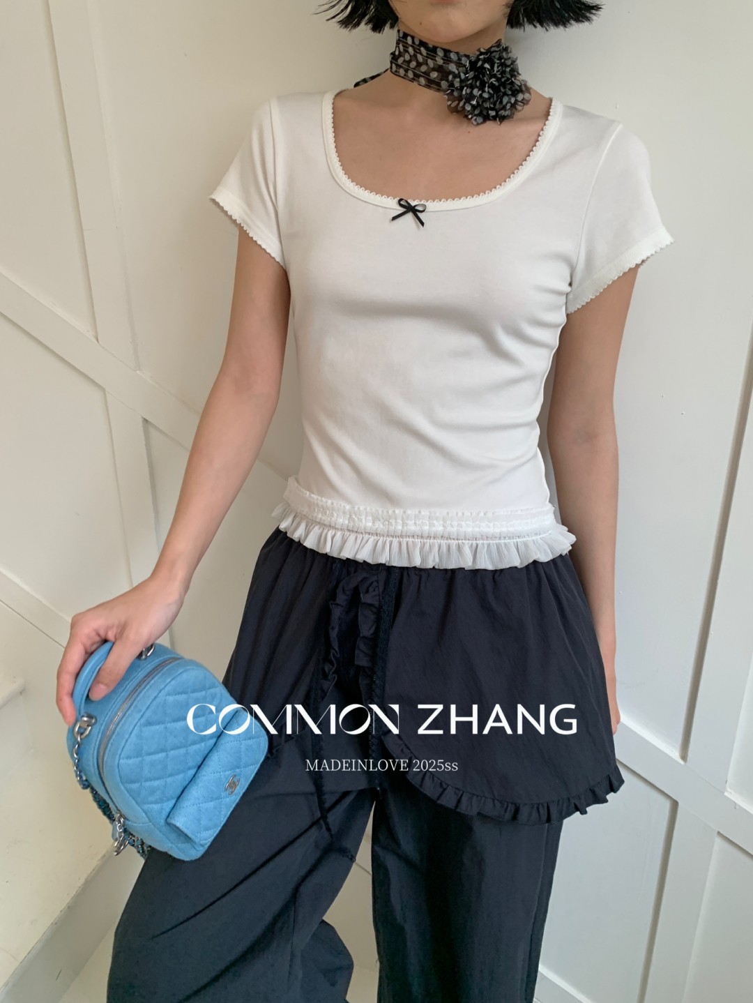 CZ ZHANG夏季韩版少女感减龄蝴蝶结拼接U领纯色天丝短袖T恤B20757详情17