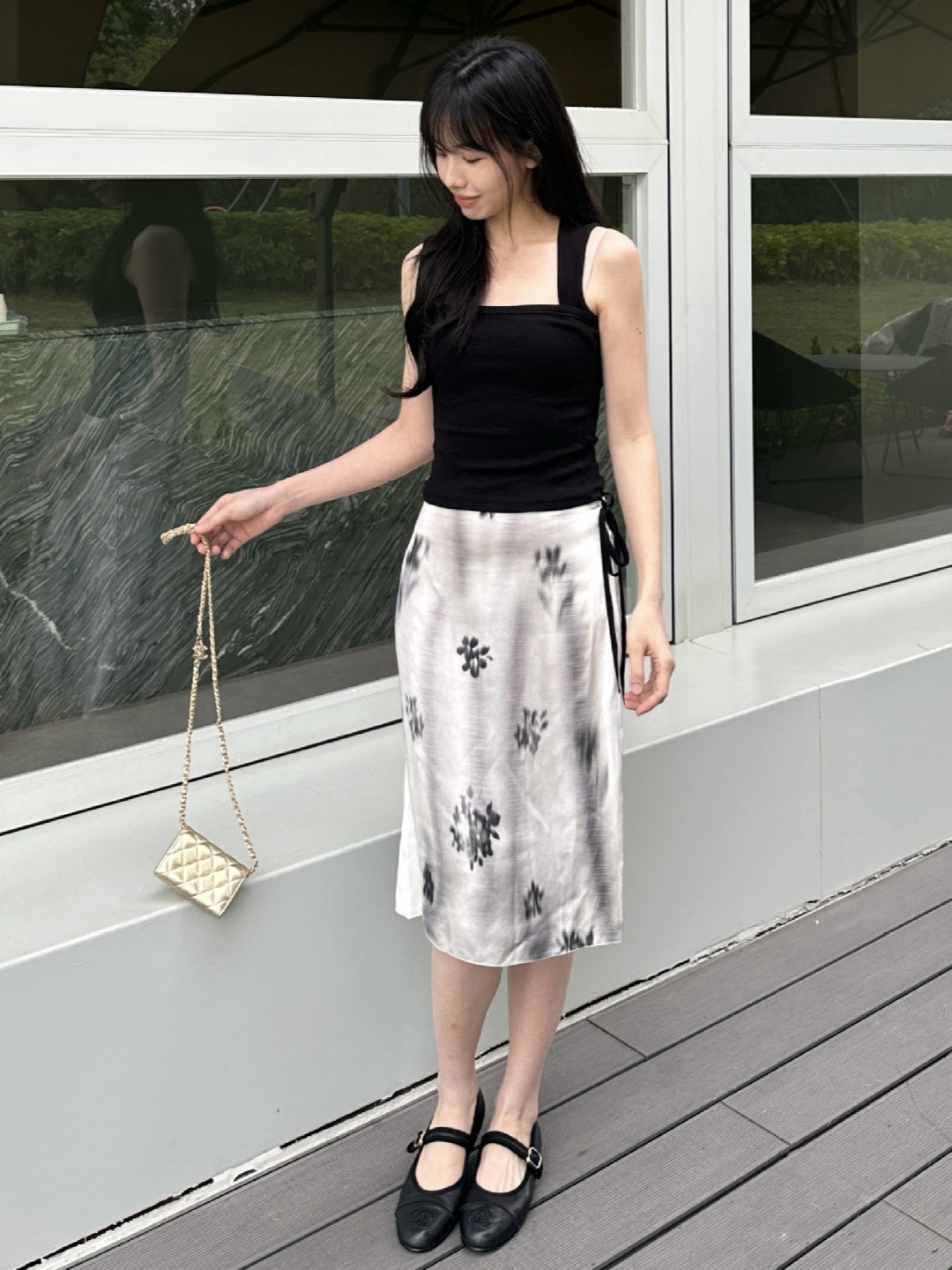 MD25女装新中式优雅晕染印花系结腰身过膝裙半身裙 05217897403详情11