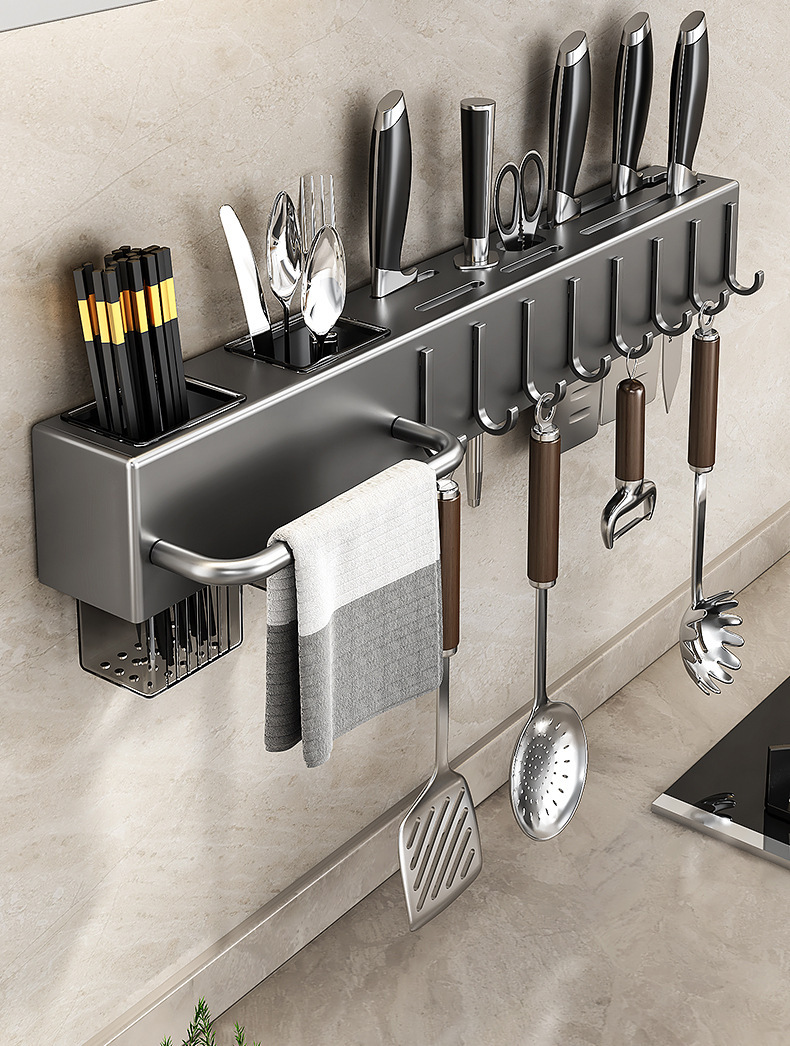 Multi-functional knife rack, kitchen knife supplies storage rack 筷笼 integrated storage rack, chopstick holder wall-mounted without drilling pic 2