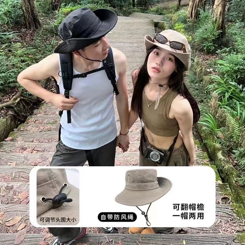 防晒太阳帽户外钓鱼登山帽西部牛仔帽女抽绳渔夫帽男大檐夏季度假 pic 7