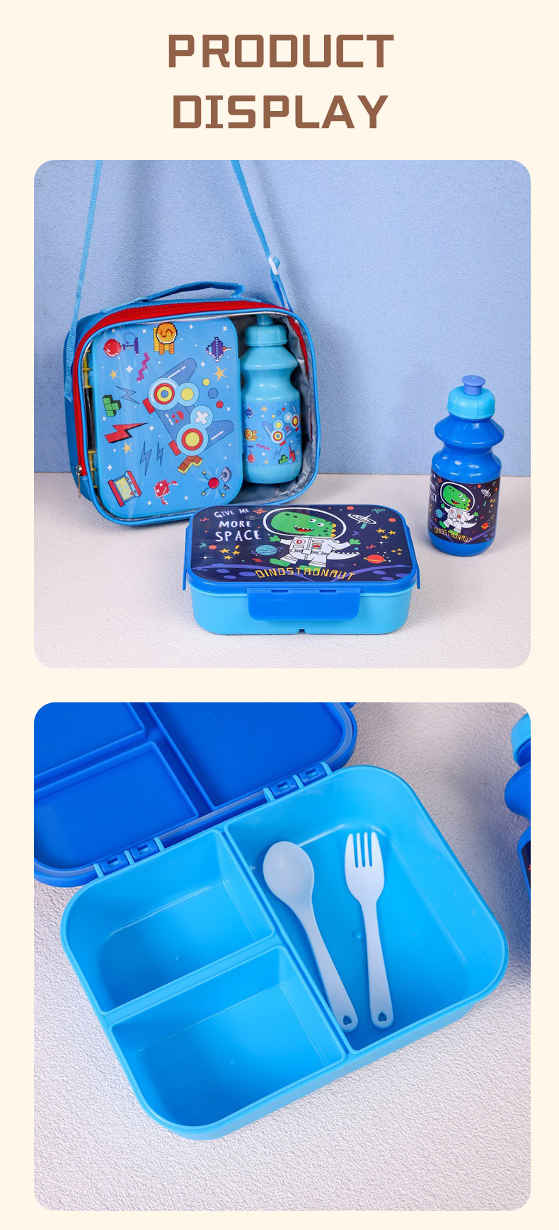 跨境热卖儿童可爱手提水杯饭盒套装厂家学生卡通分格便当盒餐包详情8