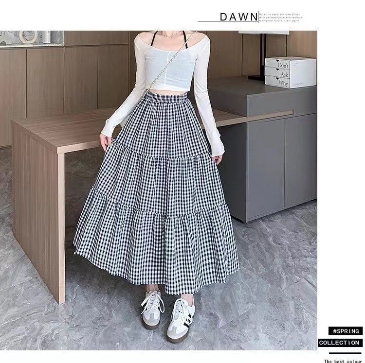 复古小格子半身裙女2025新款高腰a字长裙显瘦遮胯大摆伞裙蛋糕裙详情7