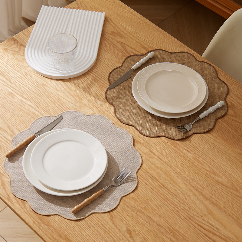 A light retro Ins-style lace round table mat with a faux linen texture, heat-insulating, heat-resistant and anti-slip, suitable for home dining table MATS pic 1