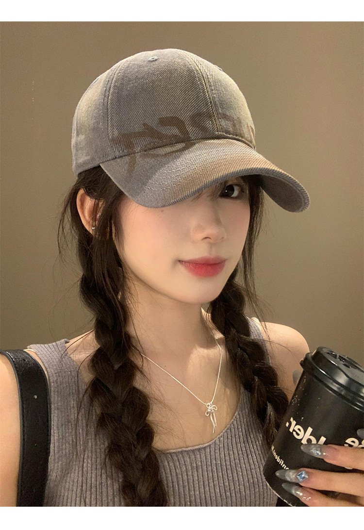 American retro letter grey baseball cap for women, wide brim, big face to show off, small baseball cap, versatile, big head circumference hat, clothing accessories pic 11