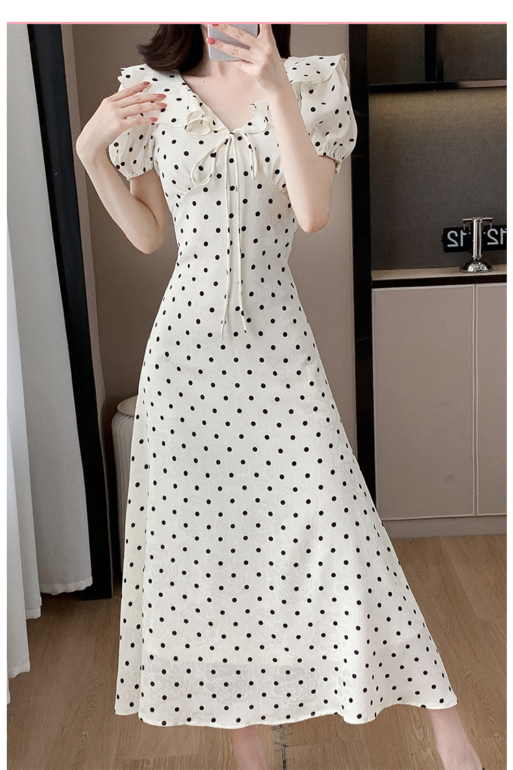High-quality summer Korean-style sweet and slimming dress with lotus leaf collar, waist-cinching tie, puffed sleeves and jacquard polka dot pic 19