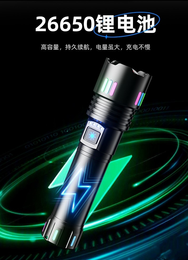 手电筒白激光超亮炫彩荧光新款伸缩变焦充电大功率电显强光远射详情13
