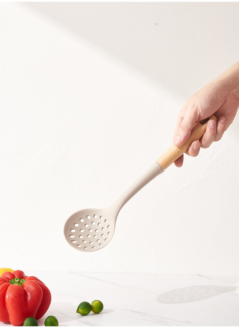 榉木柄硅胶厨具7件套不粘锅专用汤勺捞篱家用铁架硅胶厨房套装热详情13