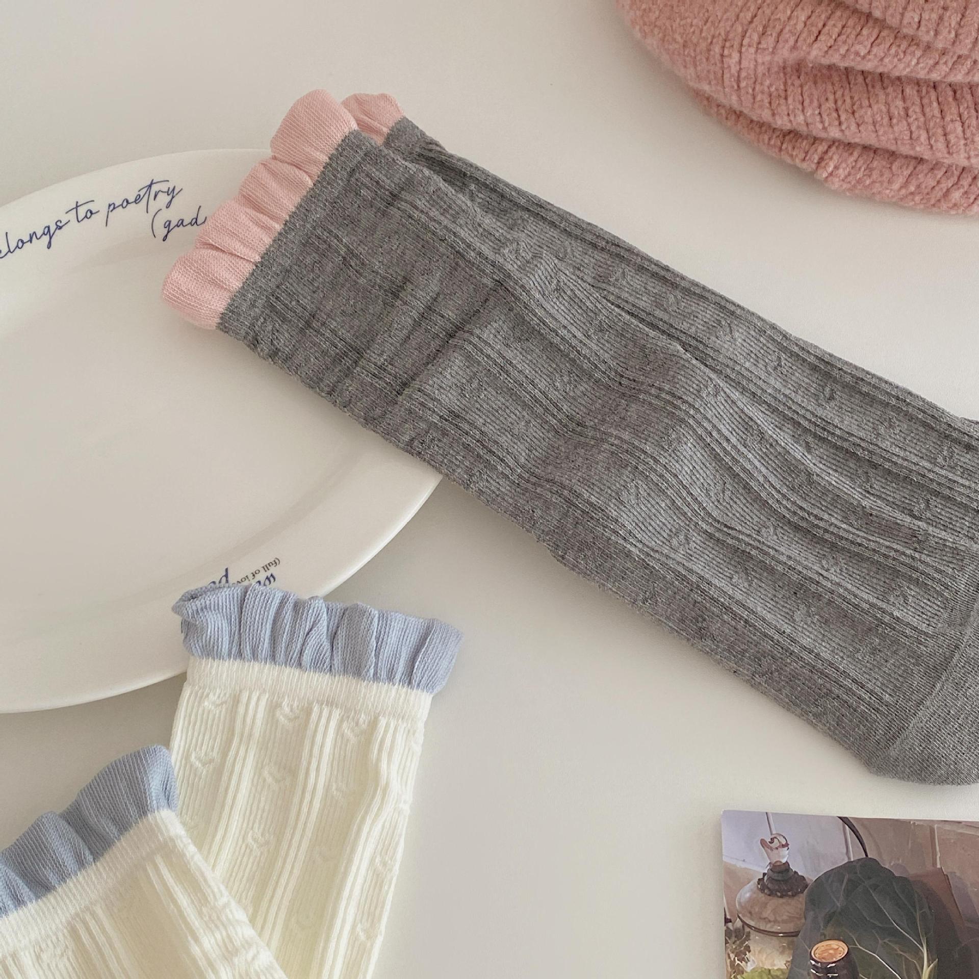 Autumn and winter new straight socks, Japanese-style color-blocking pure cotton lace mid-calf socks, Korean-style MIU-style boneless pile socks for women pic 12