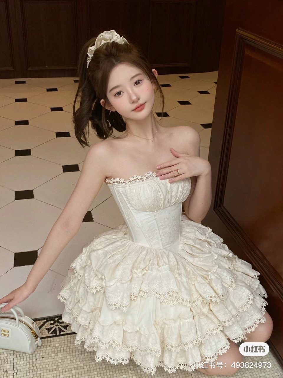 Pinecone retro princess-style French double-layer adjustable heavy industry milk white embroidered lace fluffy hair band pic 6
