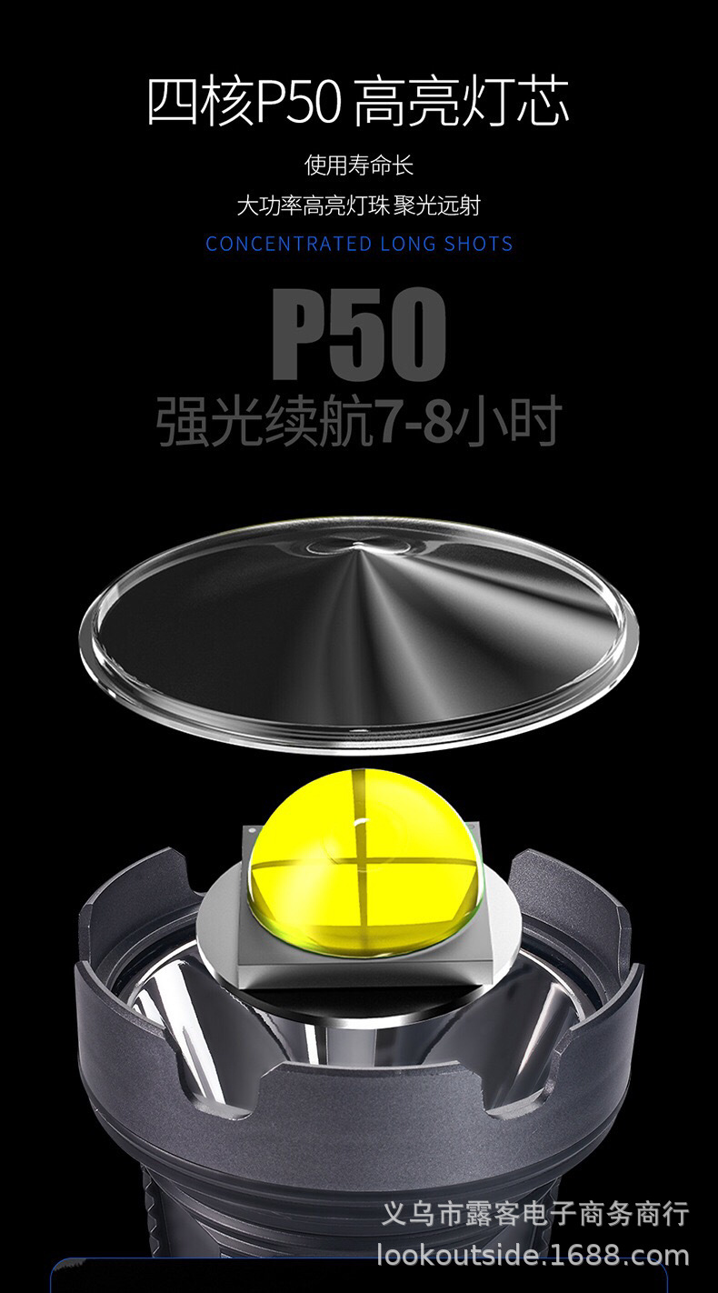 TD-888 手提式强光探照灯 XHP50+COB手电筒 船用手提灯带塑料支架详情4