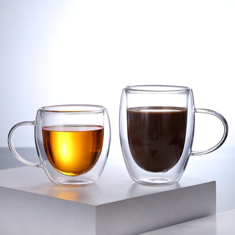 High borosilicate double-layer glass cups, household anti-scald and heat-insulating glass cups with handles, modern and simple egg-shaped coffee cups pic 13