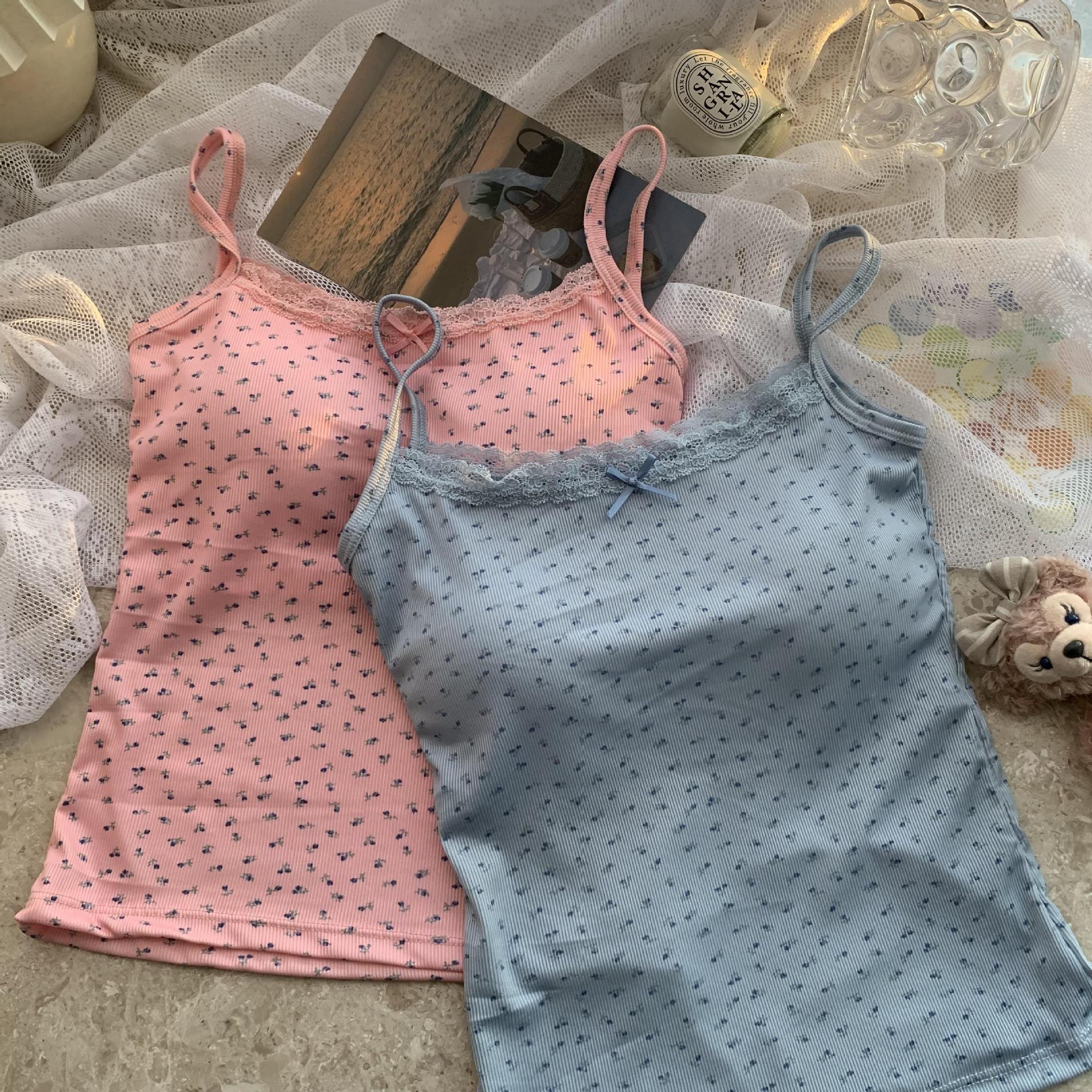 甜辣妹蓝色蕾丝边吊带小背心女夏季bm碎花内搭打底短款带胸垫上衣详情7