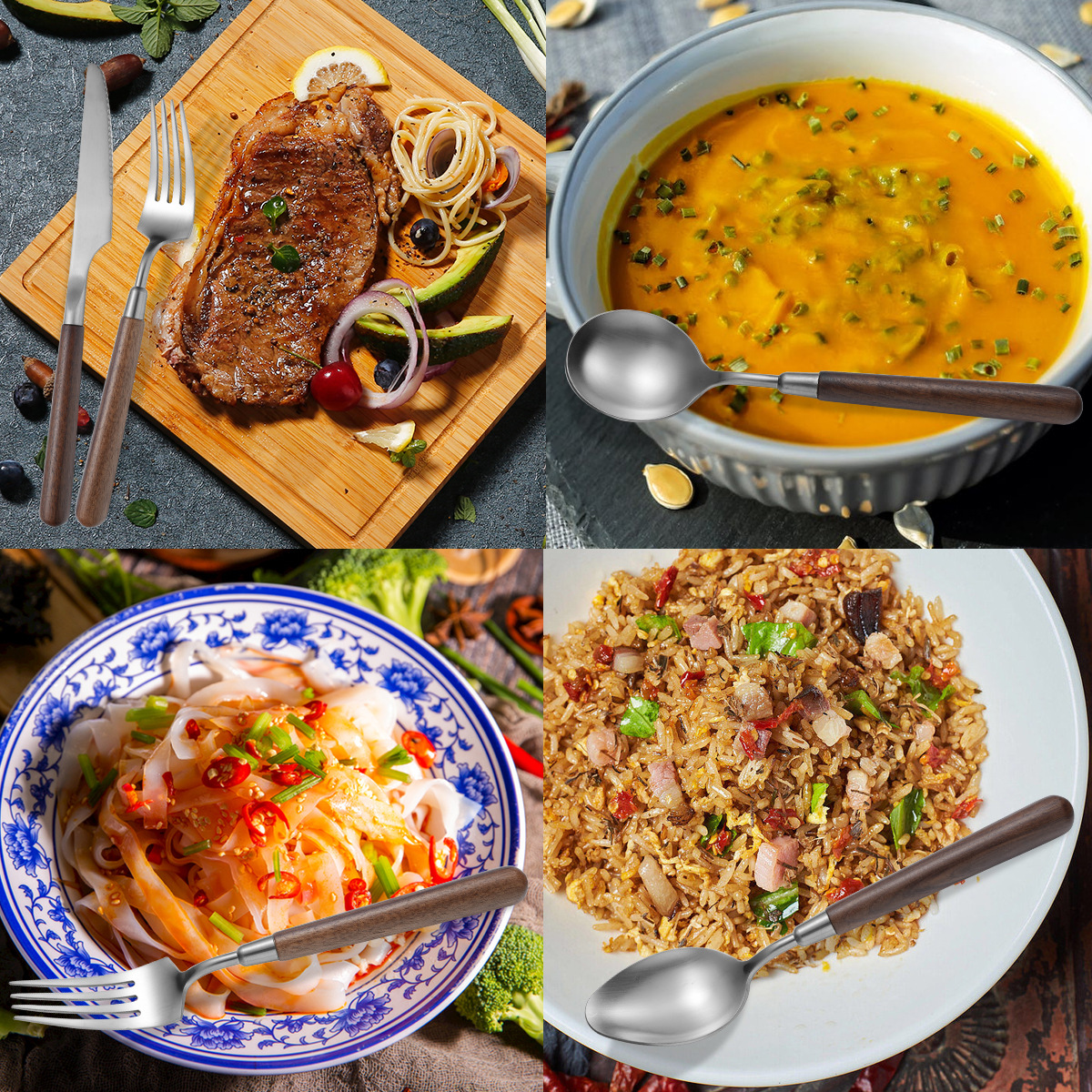 304 stainless steel knife, fork and spoon, light luxury retro walnut wood handle, Western cuisine brushed, restaurant household thickened soup spoon pic 7