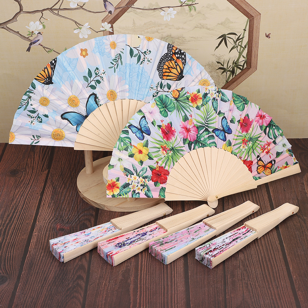 女士古风折扇色丁布扇子 原色骨冲花礼品促销扇子小巧精致夏季扇详情1