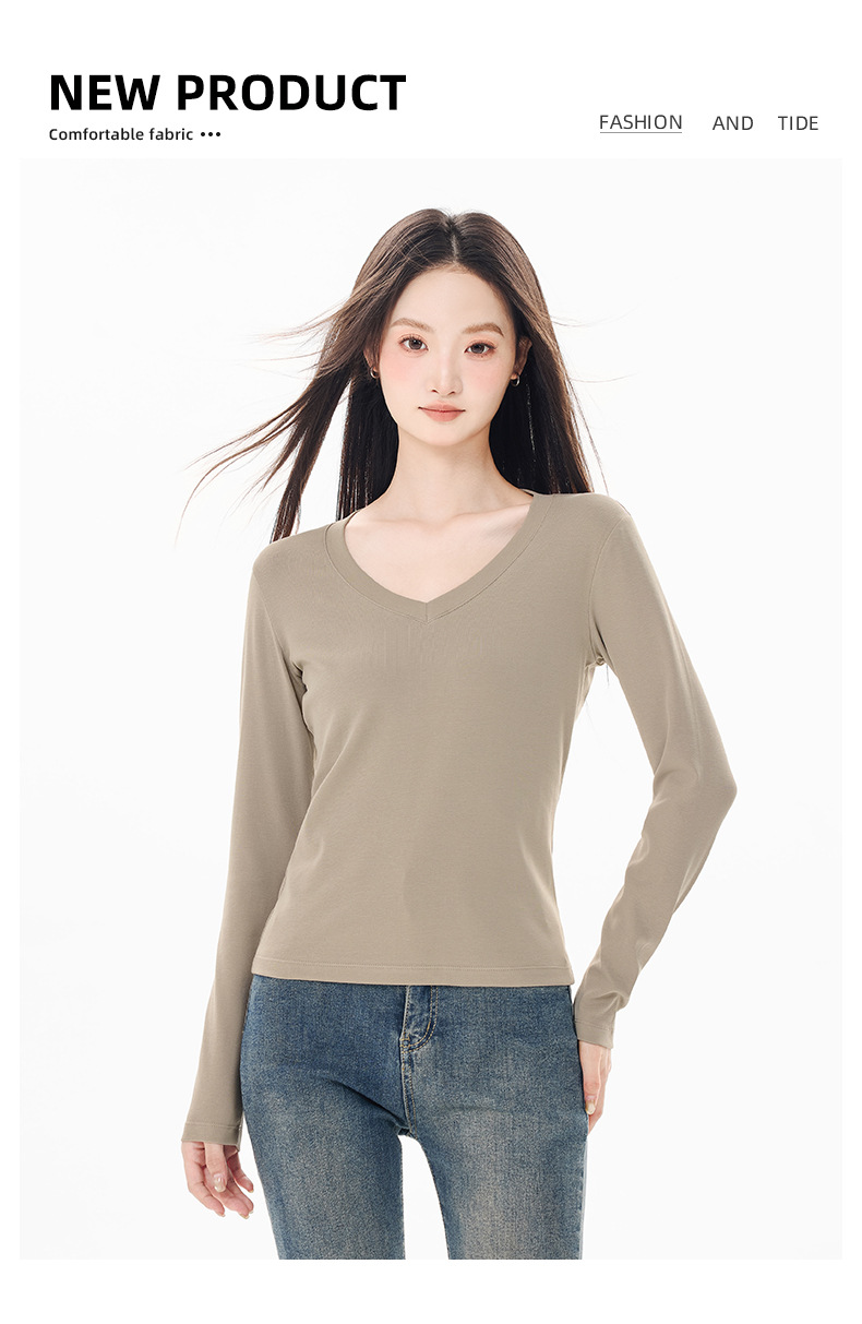 纯色百搭简约通勤V领长袖T恤女正肩修身辣妹显身材内搭打底上衣服详情6