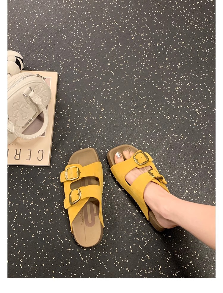 葡萄妈同款~ 真皮牛纹双扣带4.5cm厚底百搭懒人一脚蹬凉拖鞋女夏详情13