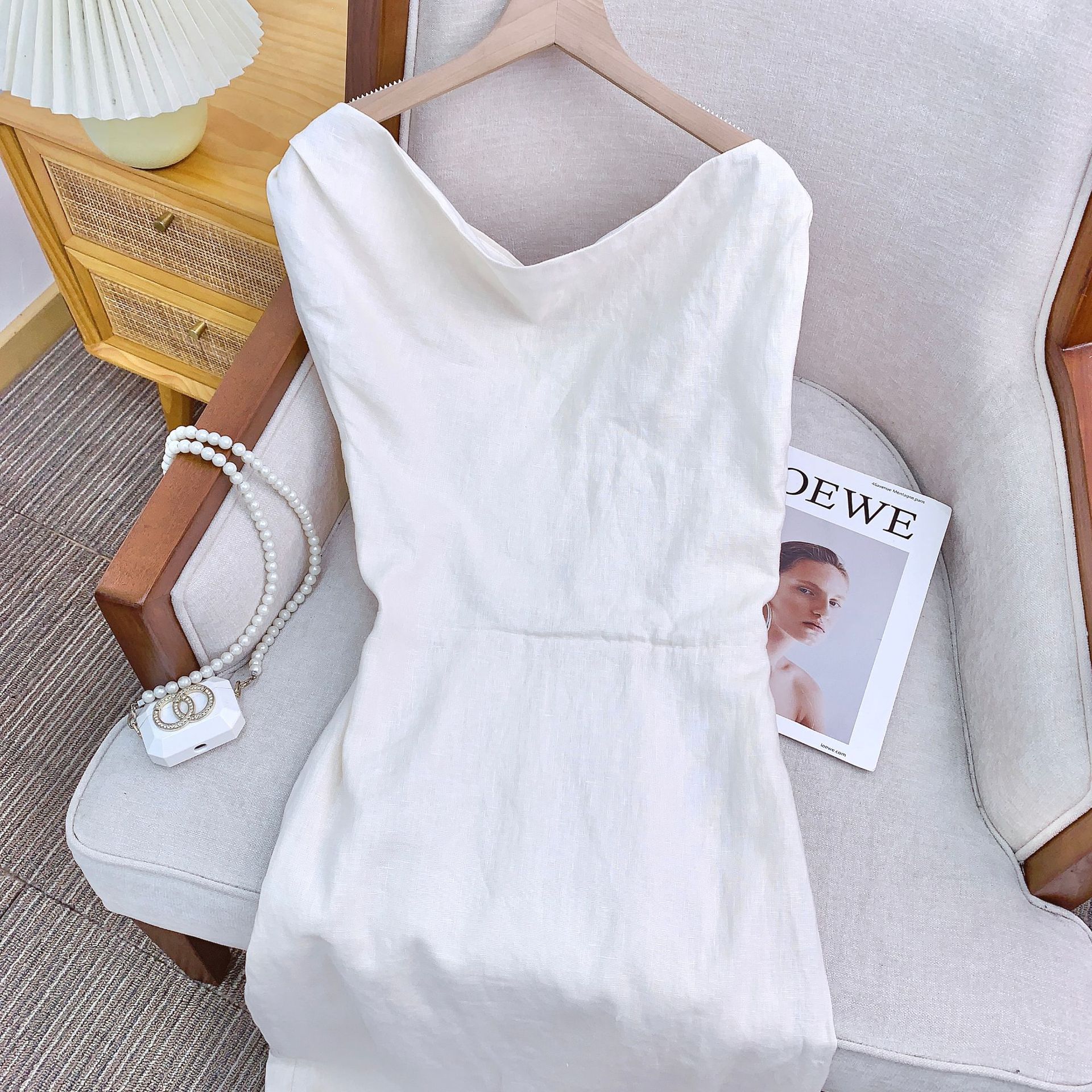 High-count pure linen French vacation-style design off-the-shoulder dress, new Chinese-style dress in stock pic 9