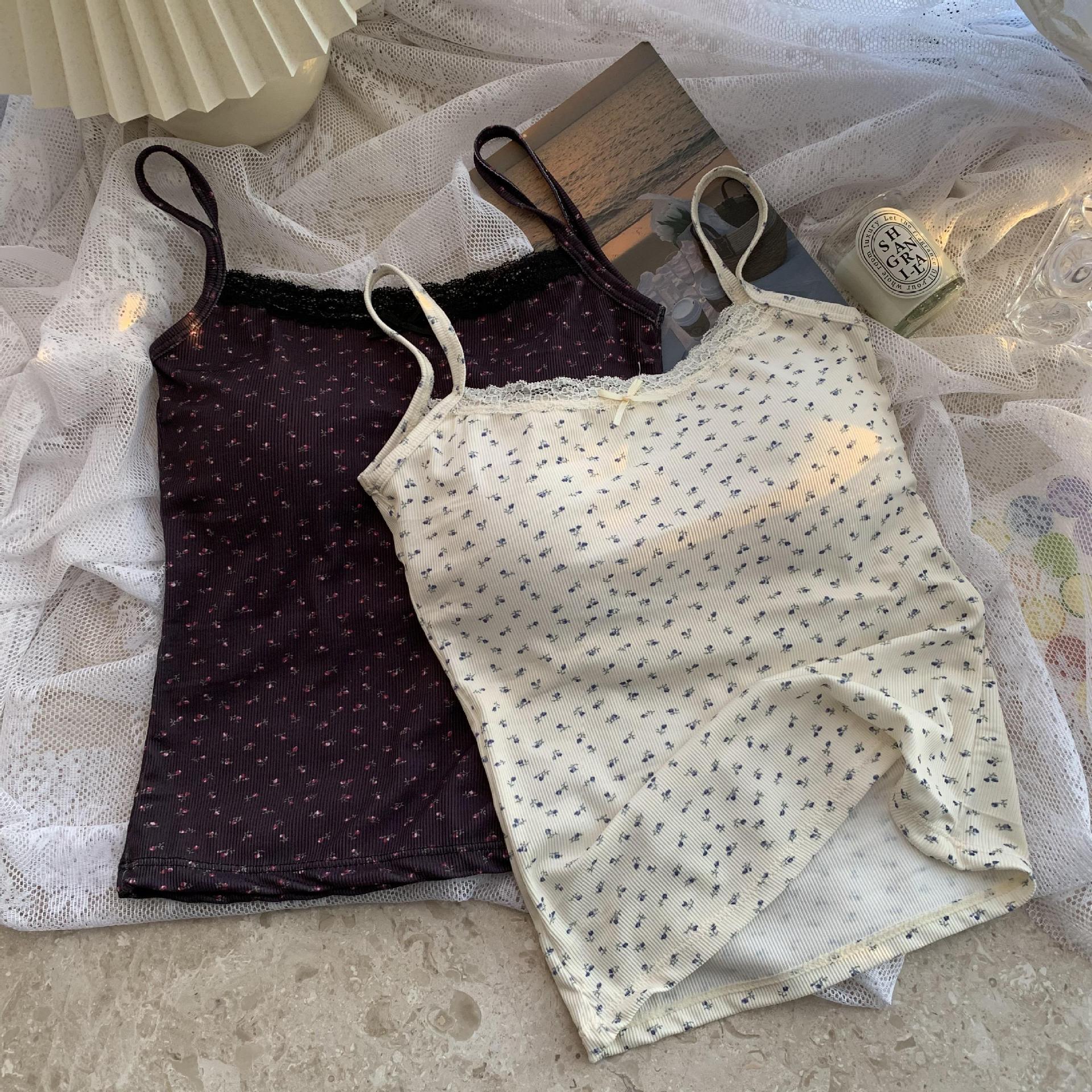 甜辣妹蓝色蕾丝边吊带小背心女夏季bm碎花内搭打底短款带胸垫上衣详情11