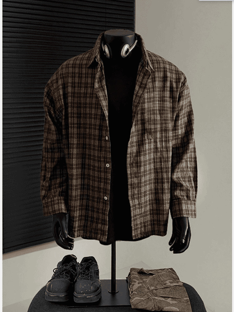 cleanfit黑色长袖格子衬衫男款春秋季高级感格纹衬衣宽松休闲外套详情7