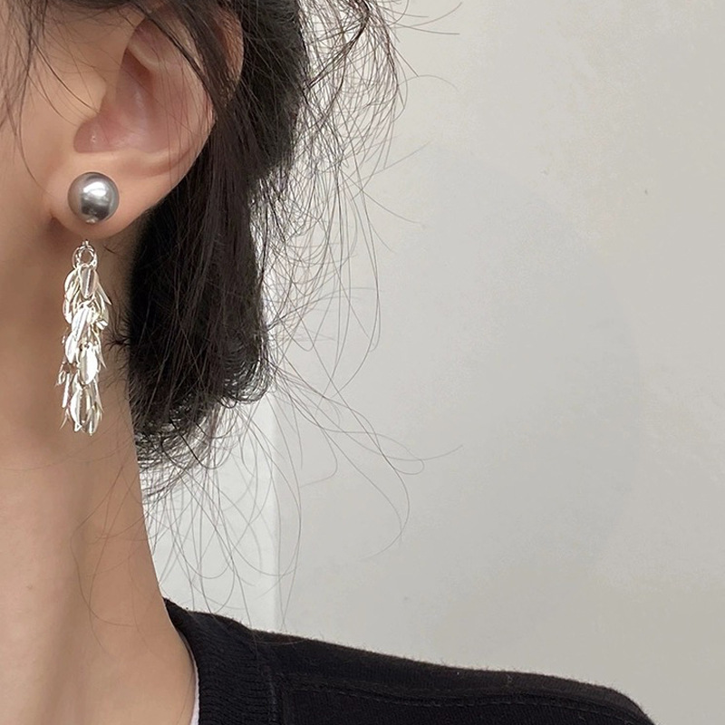 「粼粼流光」法式叶片流苏灰珍珠耳钉秋冬新款高级感时尚百搭小众详情3