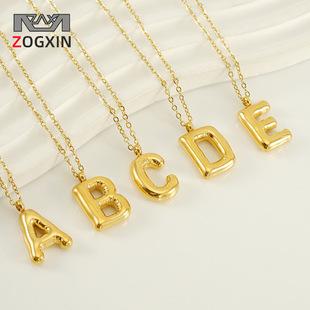 Cross-border 18K gold shell round stainless steel letter necklace, fashionable European and American titanium steel ring 26-letter pendant for women pic 10
