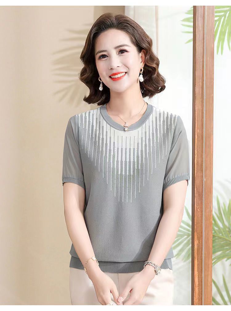 妈妈夏装短袖针织翻领T恤中老年女装冰丝上衣遮肚子薄款小衫套装详情29