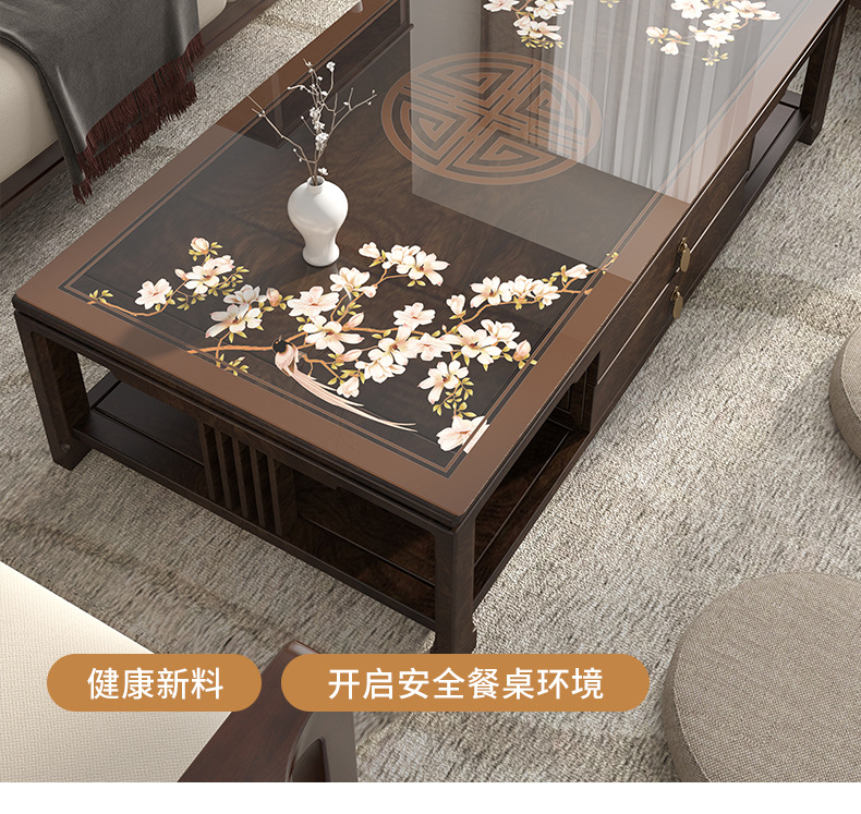 国潮新中式茶几垫古典中国风茶几桌布防水防油免洗pvc半透实木餐桌垫详情16