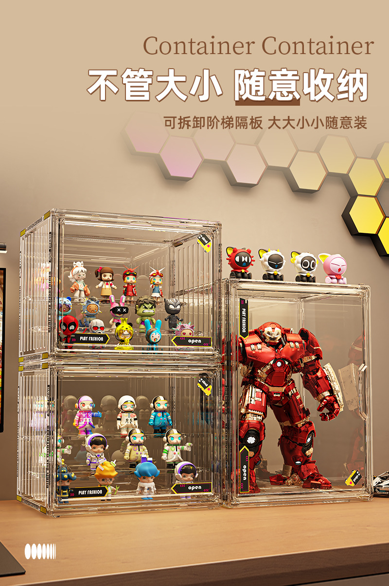 盲盒手办亚克力展示柜防尘泡泡玛特乐高积木展示架收纳塑料收纳盒详情4