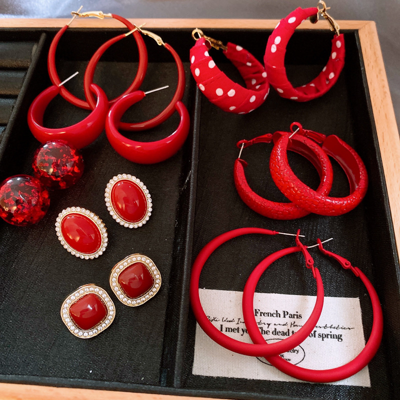 银针安可拉红色波点几何圆形耳圈耳环个性时尚耳圈港风复古耳饰女详情13
