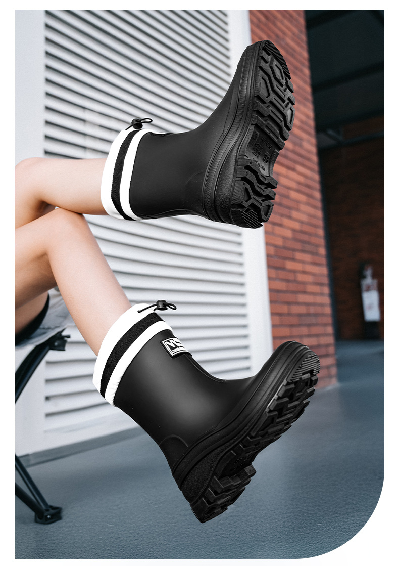 跨境中筒雨鞋女款厚底束口雨靴户外防滑涉水胶鞋露营赶海时尚水靴详情21