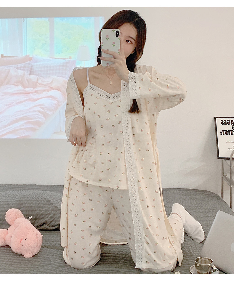 New spring and autumn pajamas for women with breast pads, sexy halter tops, long-sleeved shirts and long pants, three-piece set, lace floral home wear pic 9