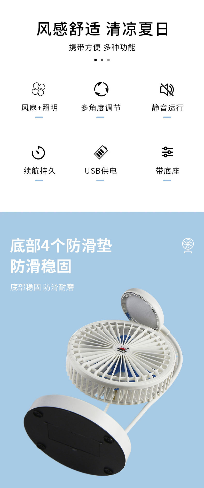 学生USB小风扇充电桌面多功能电风扇宿舍小夜灯静音桌面风扇跨境详情2