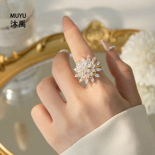 新款高级感珍珠锆石开口戒指复古优雅独特食指戒可调节精致指环圈详情2