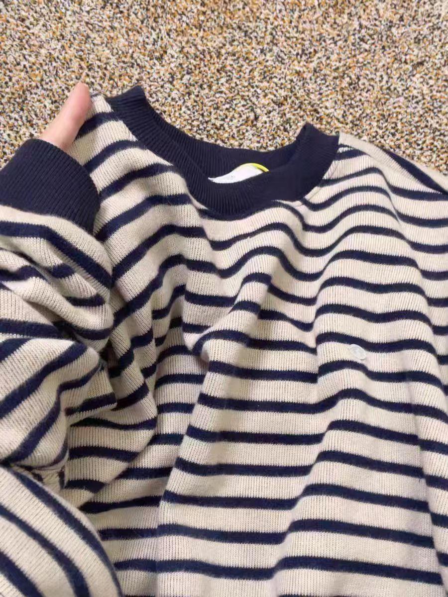 复古港味条纹圆领针织女秋冬新款宽松学院风休闲百搭长袖上衣外套详情4