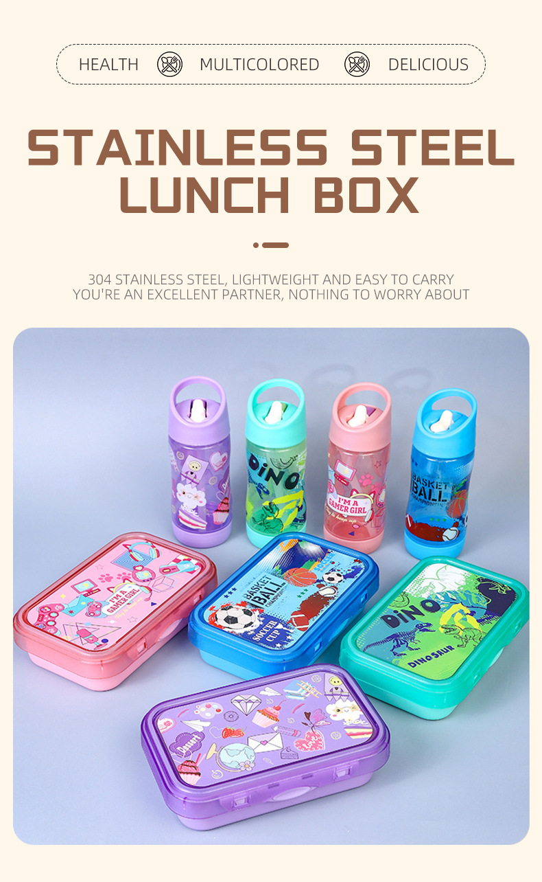 跨境热卖儿童便当盒学生宿舍便捷饭盒厂家直供卡通水杯饭盒套装详情1