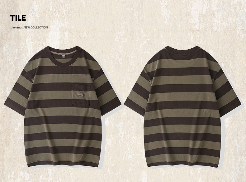32支双纱平纹纯棉T恤男短袖夏季美式复古重磅宽松大码条纹男体恤详情18