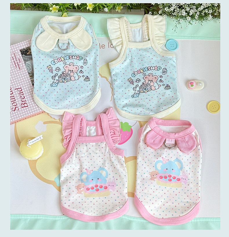 Spring and summer clothes for cats and dogs: Thin, cute, cartoon printed, stylish macaron-colored halter, Bichon and Pomeranian small, short style pic 17