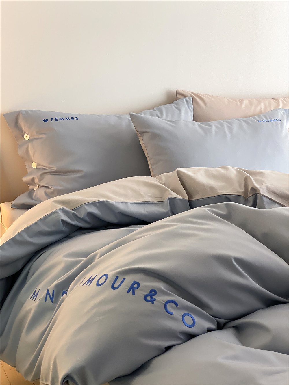 Simple, light luxury and fashionable solid-color long-staple cotton four-piece set, pure cotton letter-embroidered duvet cover, double bedding pic 28