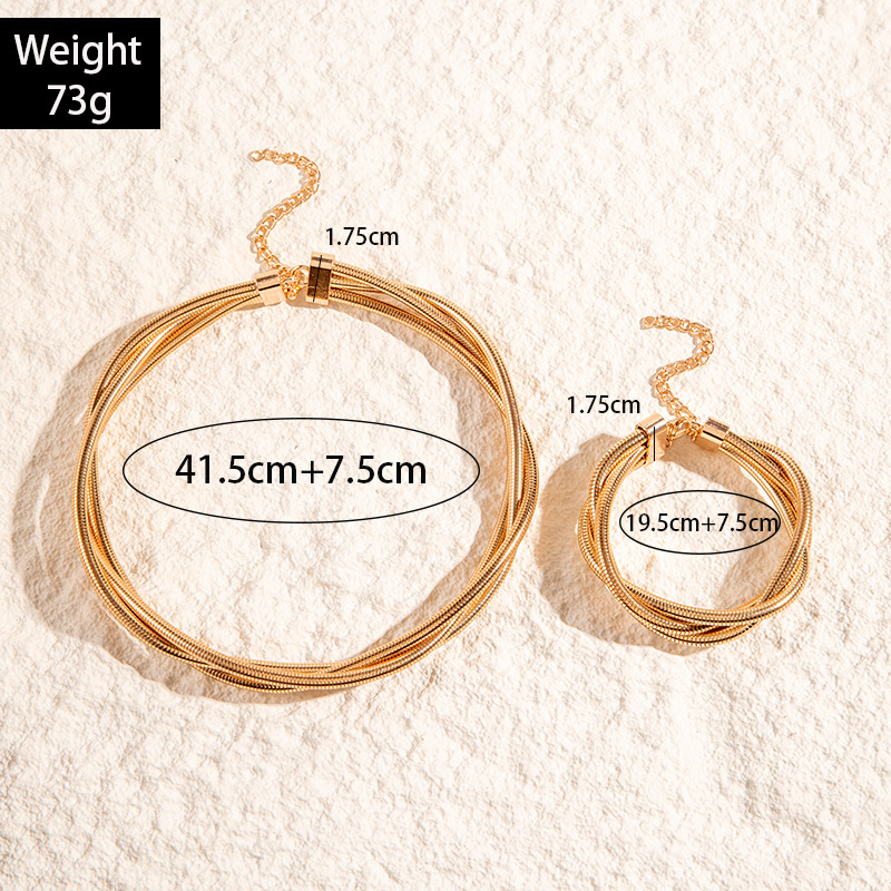 亚马逊跨境个性多层铁弹性蛇骨麻花项圈手链朋克风夸张首饰套装女详情1