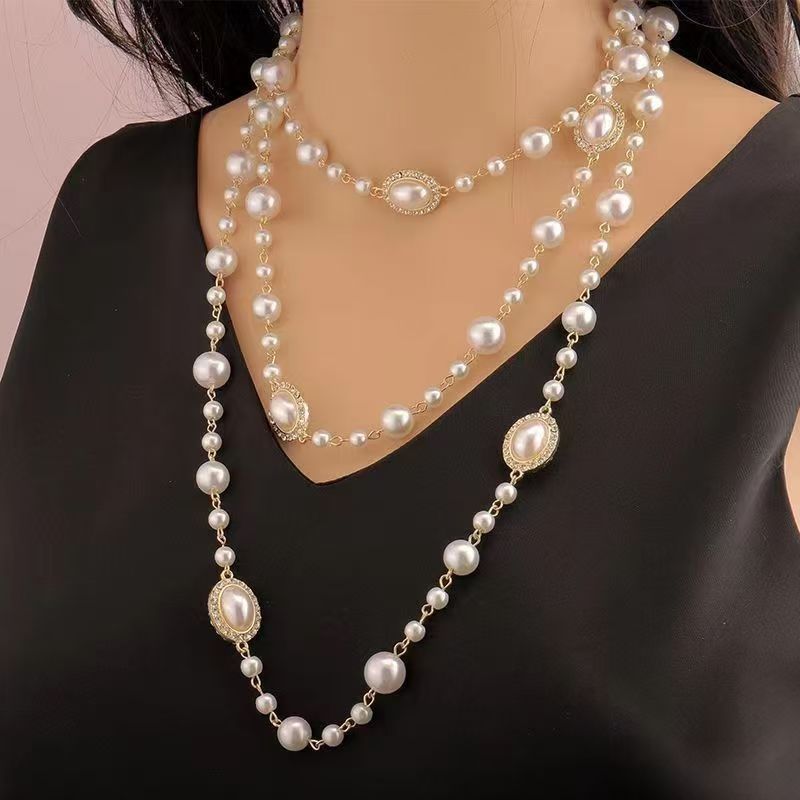 韩版新娘多层珍珠项链毛衣链长款名媛赫本同款婚纱旗袍项链配饰女详情5