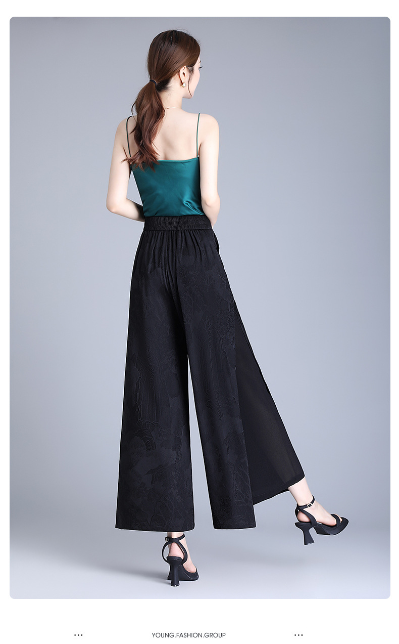 国潮新中式开叉提花冰丝阔腿裤女夏季薄款高腰垂感宽松妈妈休闲裤裙裤国潮详情16