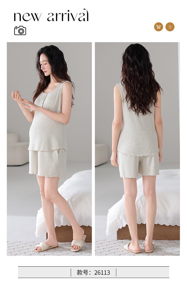 孕妇睡衣夏季薄款短袖短裤彩棉莫代尔套装带胸垫产后哺乳期月子服详情26