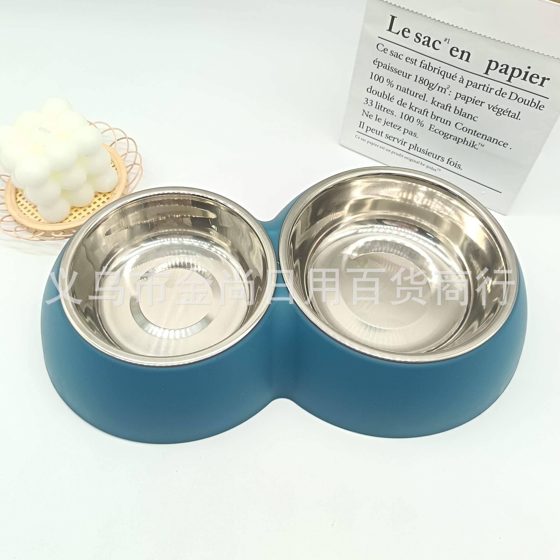 Wholesale of foreign trade cross-border candy-colored pet stainless steel double bowls, dog bowls, cat bowls, feeding and water bowls, pet dog bowls pic 2