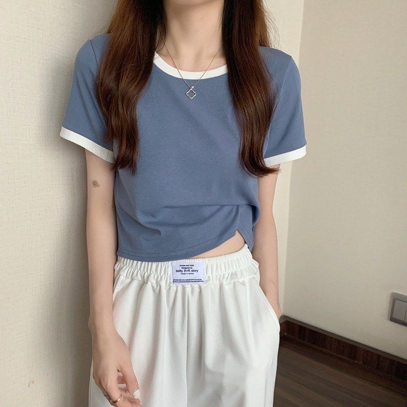 撞色圆领短袖t恤女2024年新款夏季打底衫韩版修身短款学生上衣潮详情5