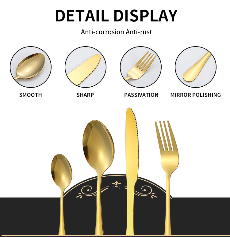 Cross-border 410 stainless steel knife, fork and spoon box set, golden gift box set, high appearance level, 24-piece set, Western tableware four-piece set pic 5